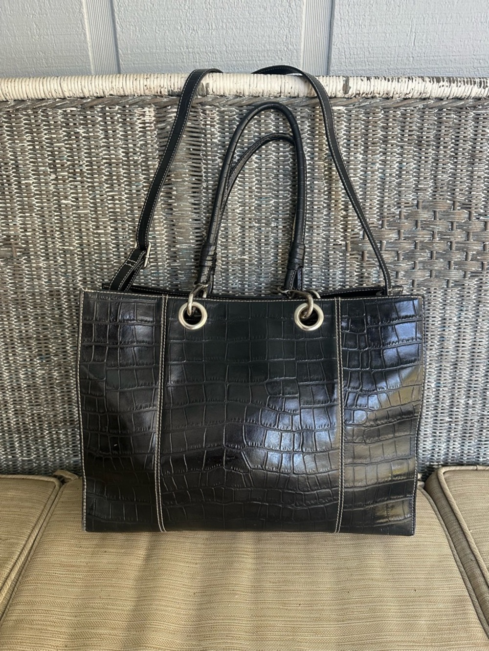 Wilsons Leather Black Croc Embossed Tote Bag with Leopard Print Lining